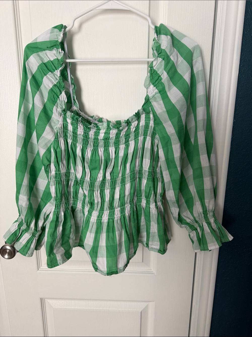 Who What Wear Green and White Gingham Smocked Peasant Blouse